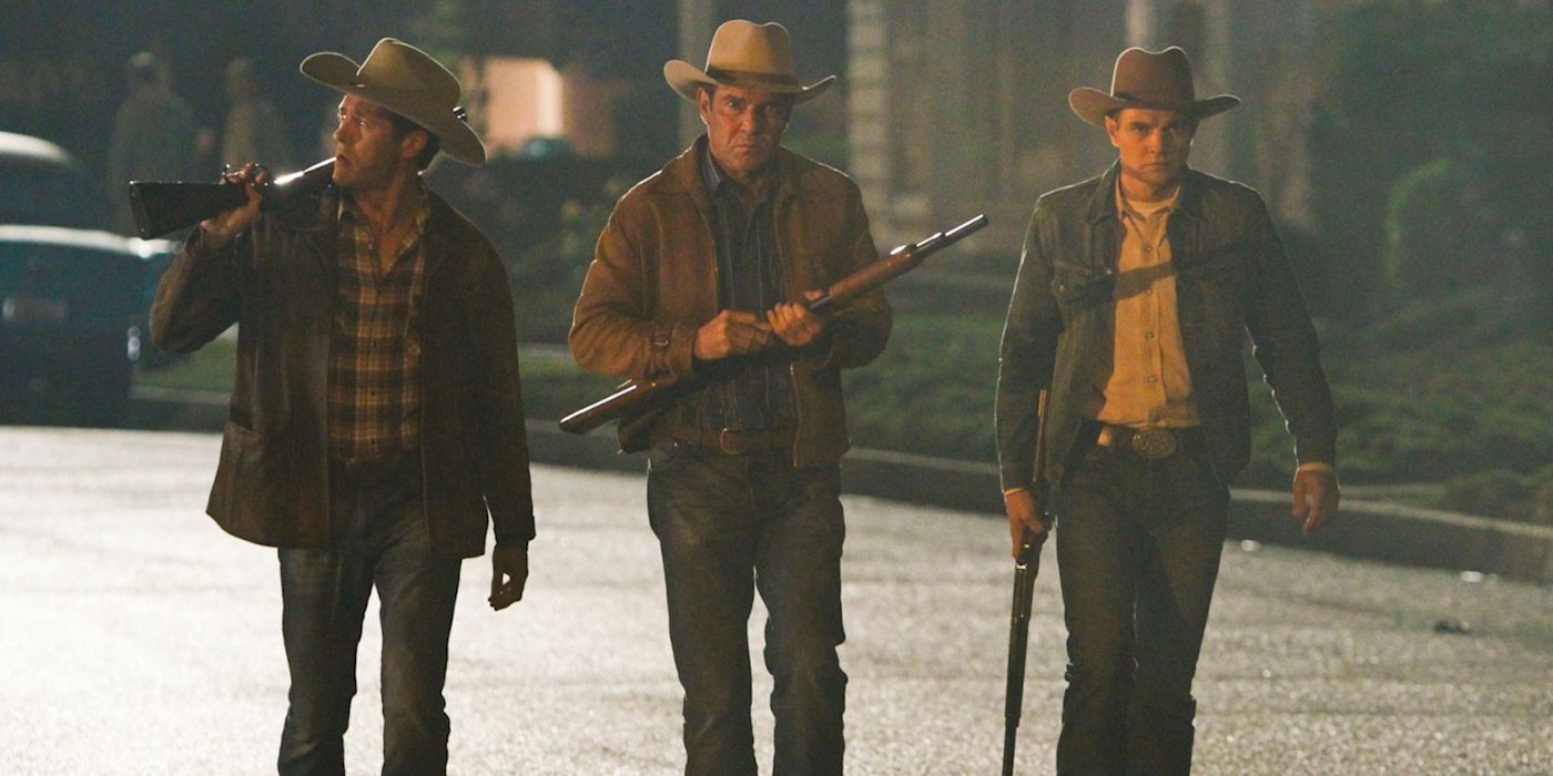 Three men walking at night holding rifles in the TV show Vegas