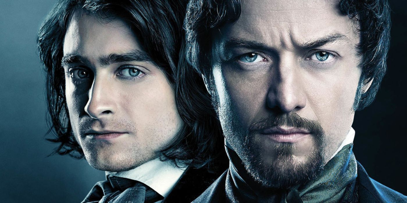 A close-up of James McAvoy and Daniel Radcliffe staring straight ahead in a cropped poster for Victor Frankenstein