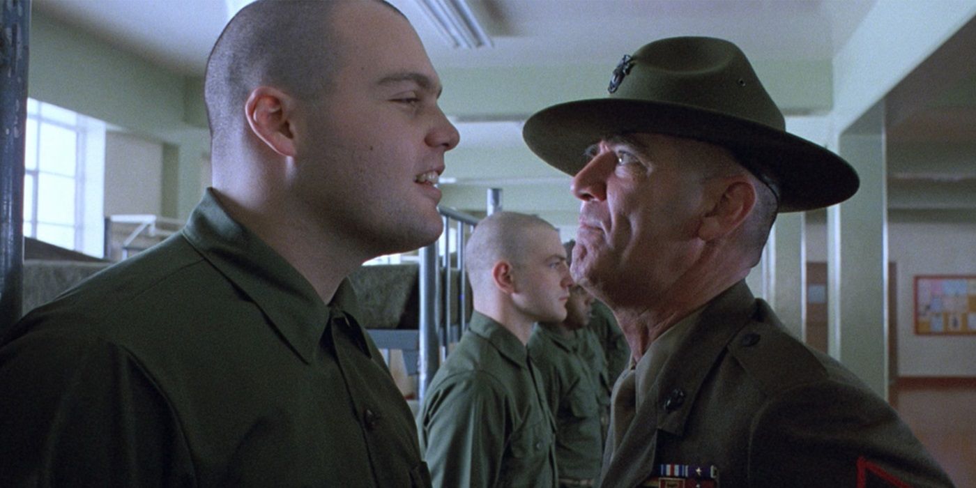 R. Lee Ermey looking sternly at Vincent D'Onofrio in Full Metal Jacket