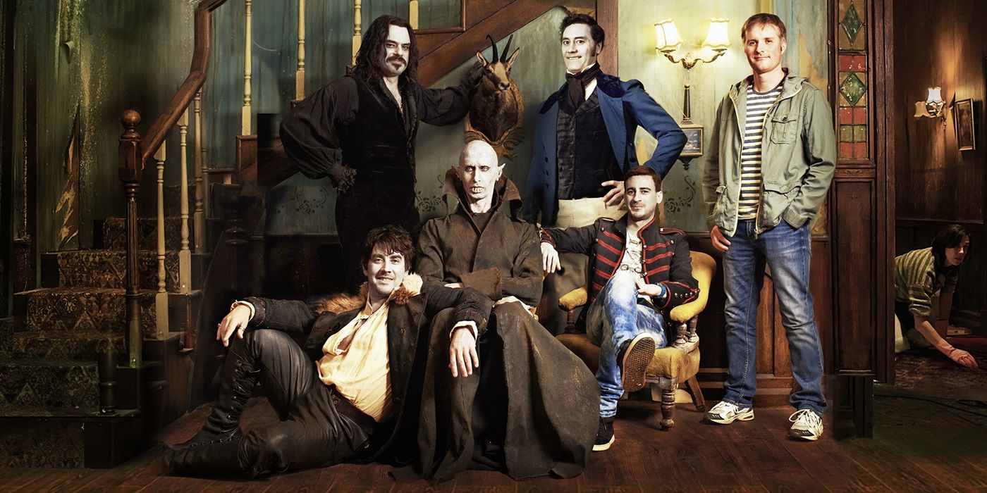 The cast of 2014's What We Do in the Shadows standing together on a cropped poster