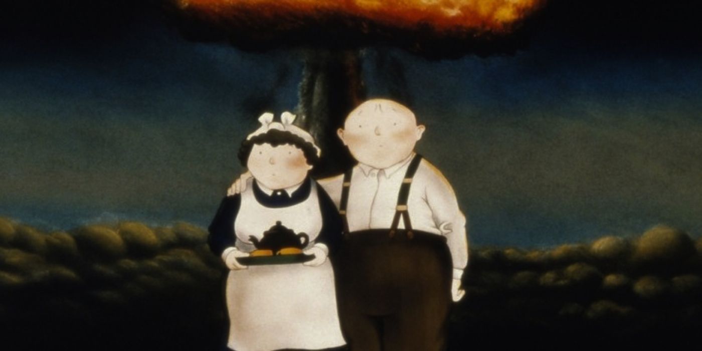 Hilda (left) and Jim (right) stand side by side as a nuclear explosion goes off in the background. Jim has his arm around Hilda, Hilda carries a plate with a teapot and cups. Both are smiling. 