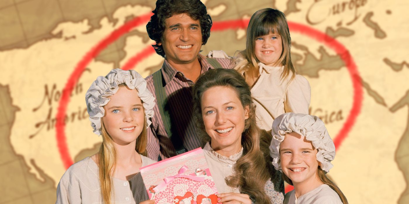 The Ingalls family of Little House on the Prairie superimposed in front of a map