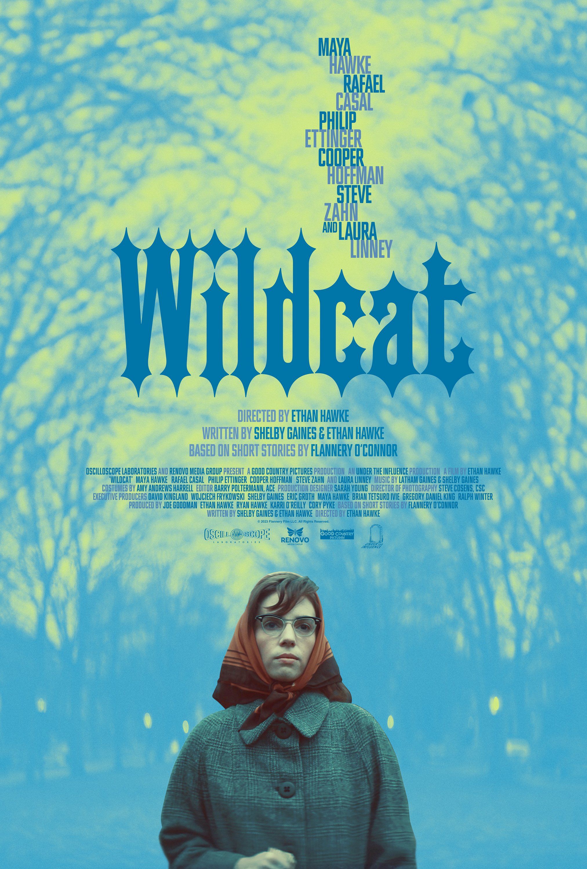 A woman wears a heavy coat and a scarf on her head in a poster for the Ethan Hawke-directed film Wildcat