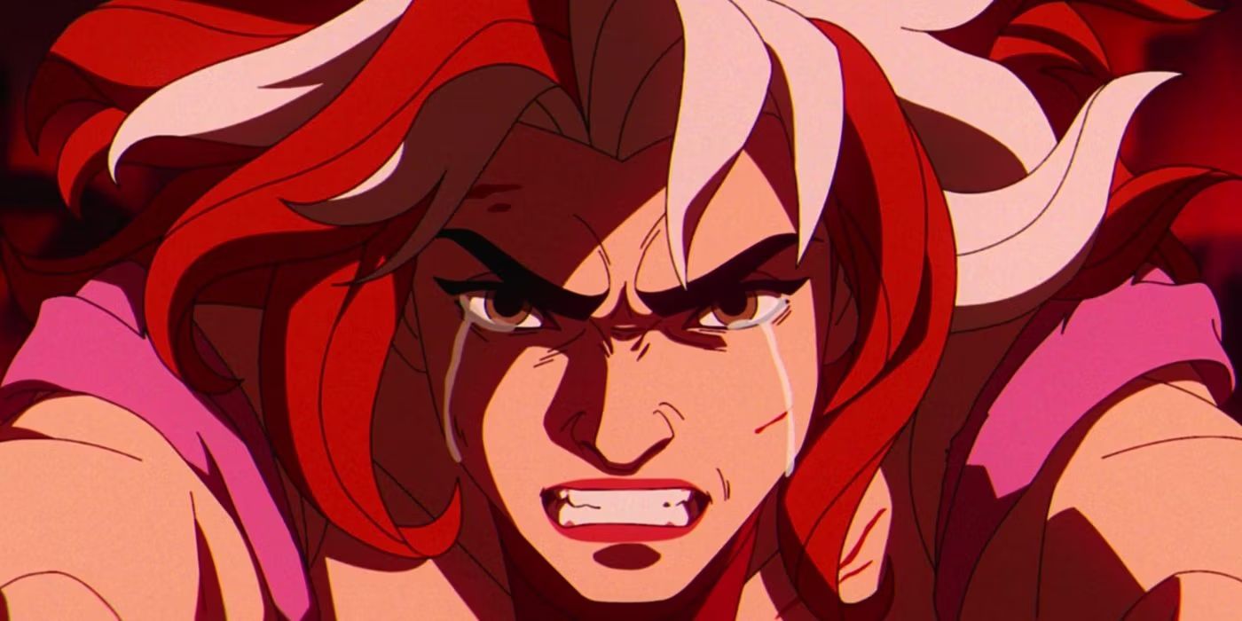 A close-up of a furious, crying Rogue as she flies into danger in X-Men '97