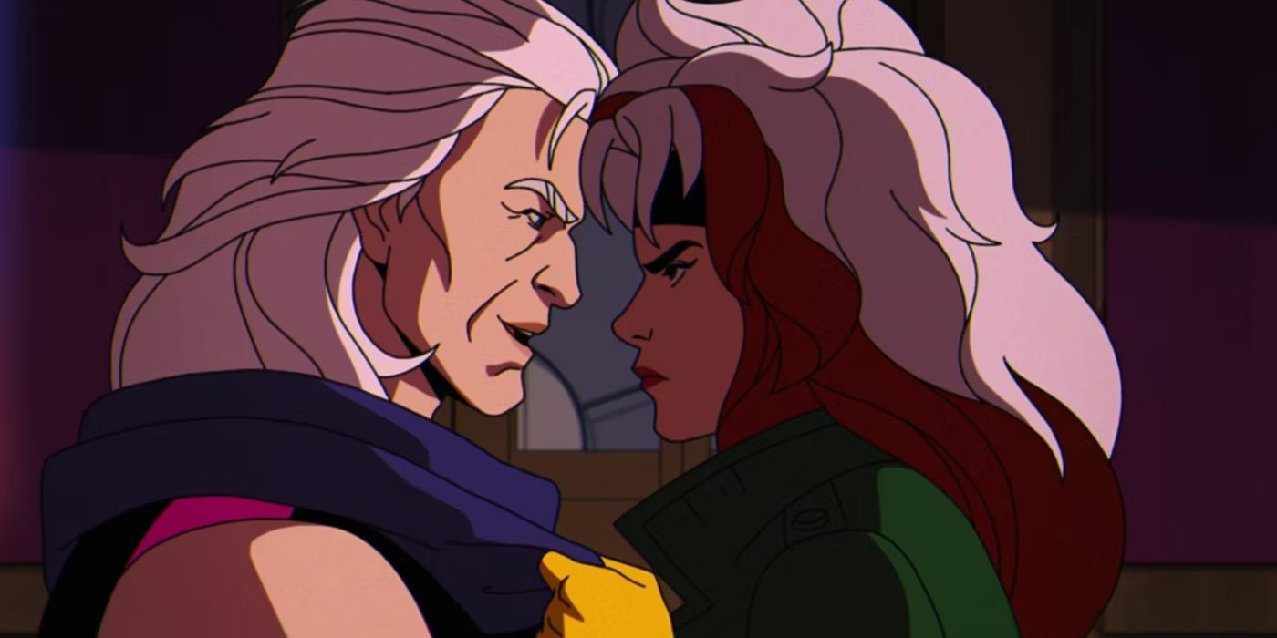 An angry Rogue holding Magneto tightly by his costume collar with their faces close together in X-Men '97