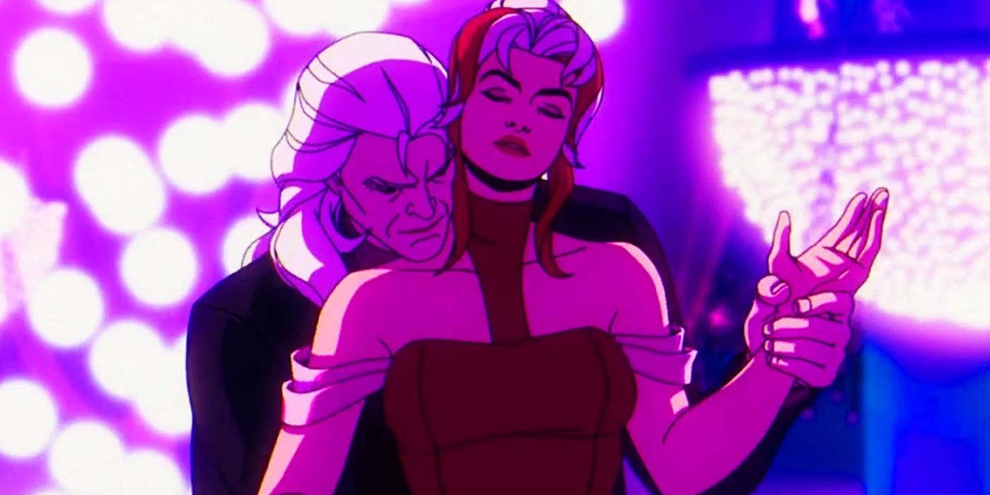 Magneto and Rogue dancing intimately with Magneto holding her wrist from behind and his head nestled onto her shoulder in X-Men '97