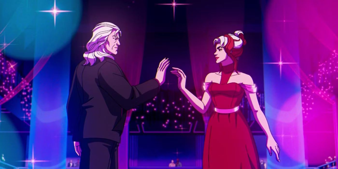 Magneto and Rogue preparing to dance and almost touching their raised hands in X-Men '97