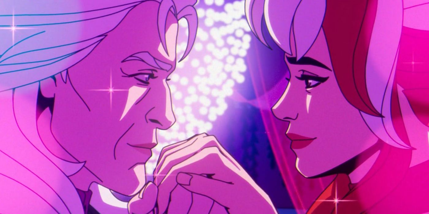 A close-up of Magneto holding Rogue's hand close to his lips while they both stare at one another tenderly in X-Men '97