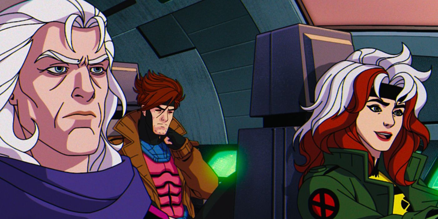 Magneto and Rogue sitting in the front seats of the X-Jet while Gambit sits behind them, visually centered between them, with a pouting expression, in X-Men '97