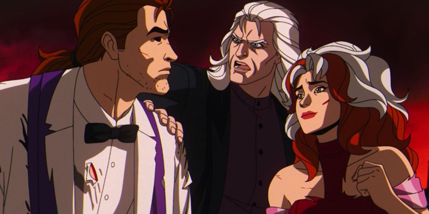 Rogue Magneto and Gambit looking worse for wear in formal outfits in Episode 5 of X-Men '97