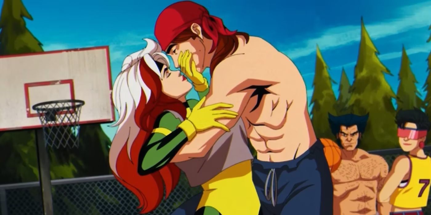 Rogue pressing her hand over Gambit's lips and kissing him as he holds her during a basketball game in X-Men '97