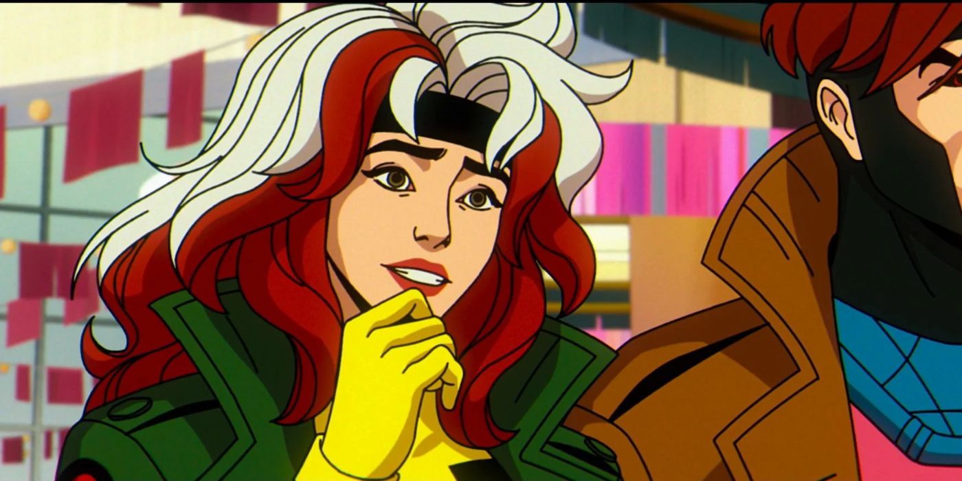 A smiling Rogue holding a hand to her mouth as she watches happy mutants in Genosha, who are offscreen, in X-Men '97