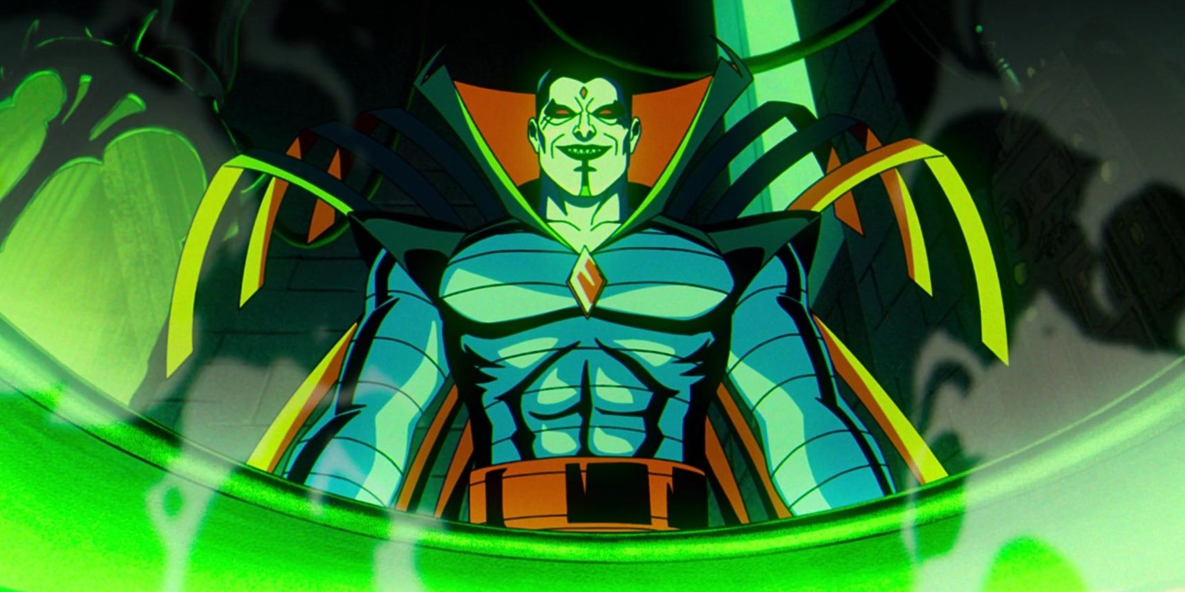 Mister Sinister smiling deviously in a glow of toxic green smoke in X-Men '97