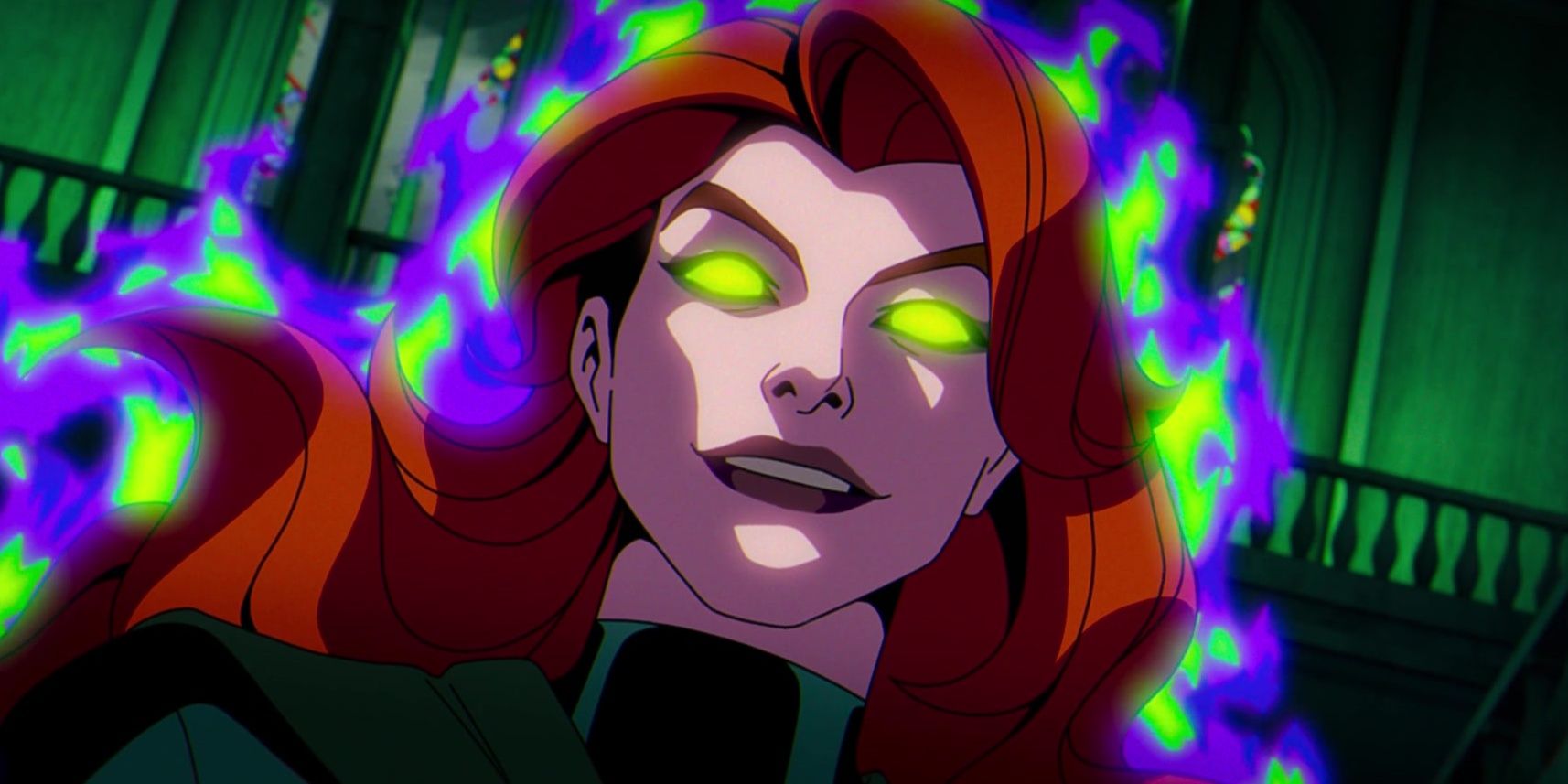 Madelyne Pryor as Corrupted Jean Grey, with glowing green eyes and a purple/green aura