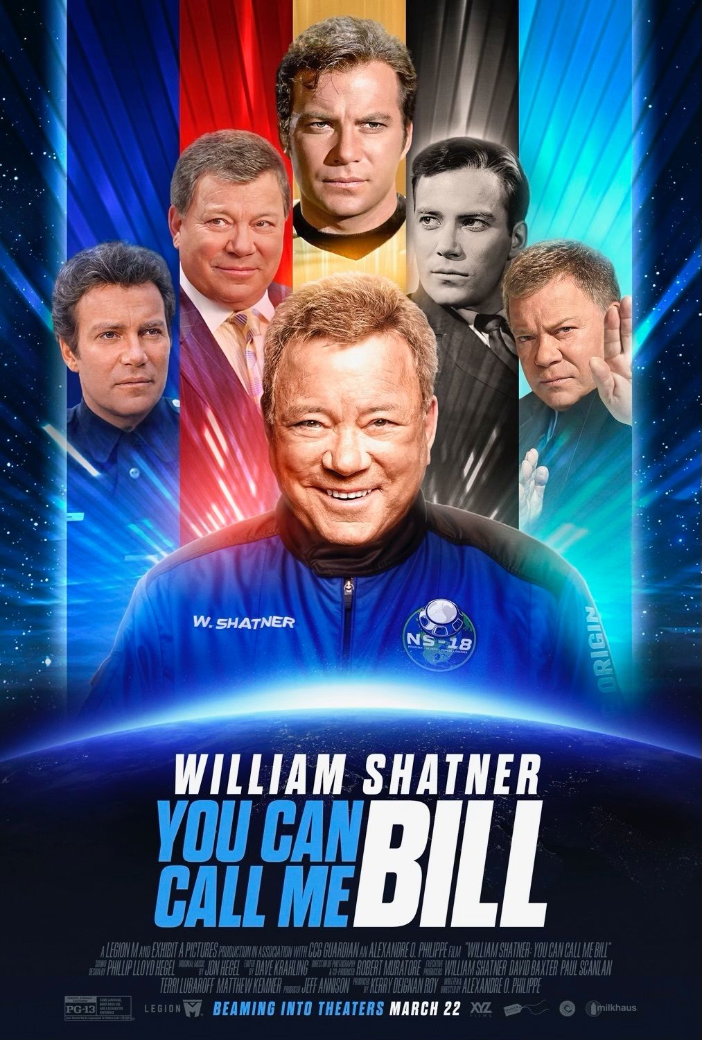 William Shatner smiles surrounded by the characters he's played over the years 