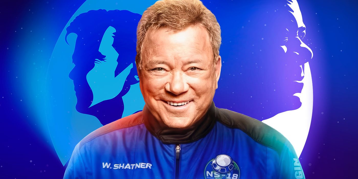 A custom image of William Shatner smiling against a blue backdrop with his profile on either side