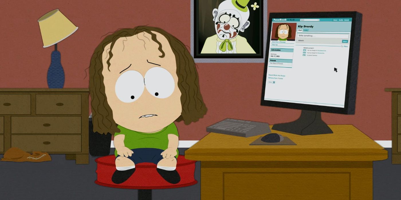 Kip Drordy sits sad in his bedroom with a sad clown painting on the wall and a crooked lamp shade on his drawers n 'South Park' episode "You Have 0 Friends".