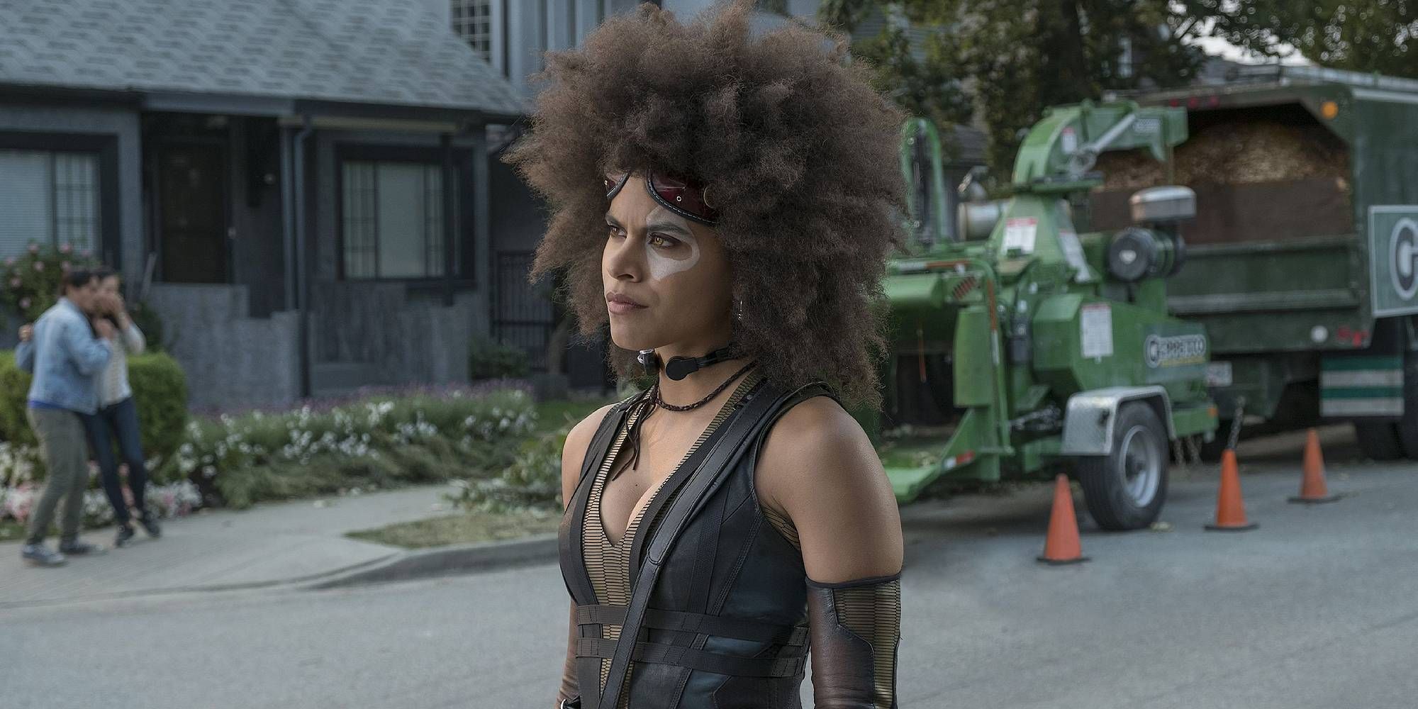 Zazie Beetz as Domino in Deadpool 2 looking confused.