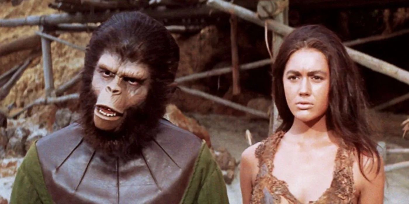 Cornelius (Roddy McDowall) and Nova (Linda Harrison) in 'Planet of the Apes' (1968)