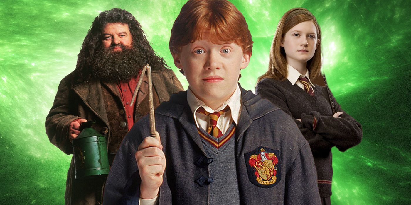 Blended image showing Hagrid, Ron, and Ginny in Harry Potter.