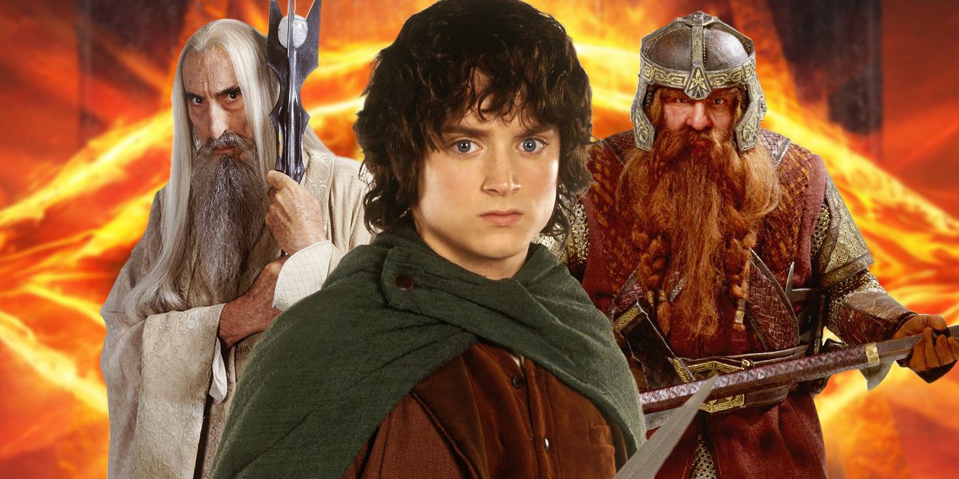 Blended image showing Saruman, Frodo, and Gimli in The Lord of the Rings movies