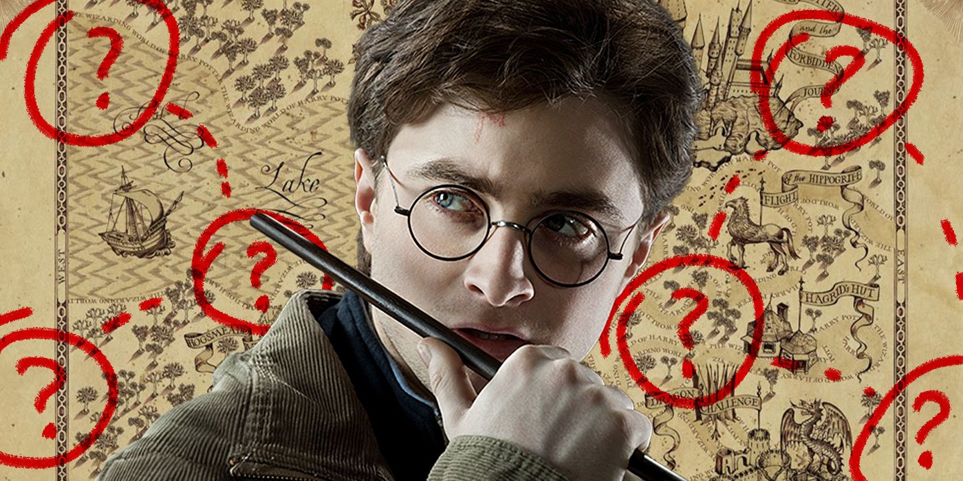 Blended image showing Harry Potter and the marauders map with question marks inside red circles