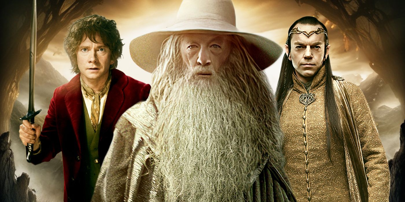 Blended image showing Bilbo, Gandalf, and Elrond in The Hobbit movies.