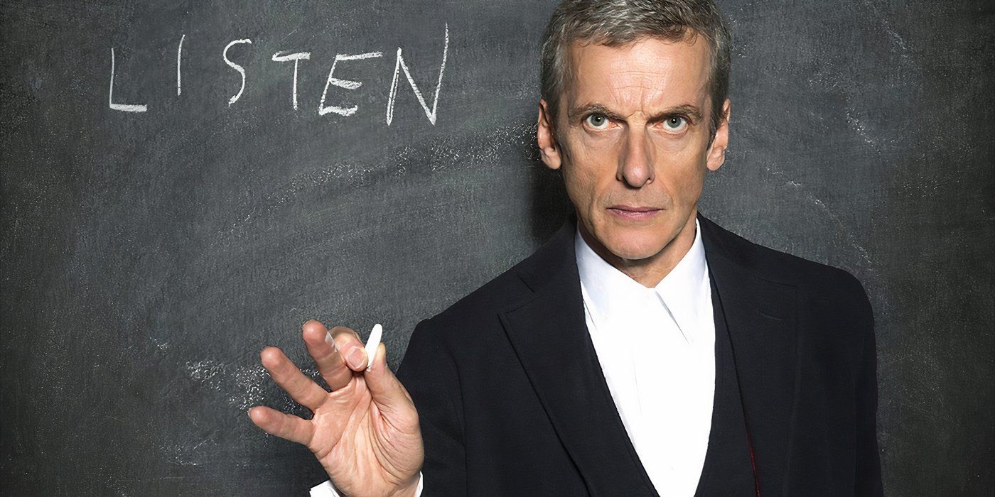 12th Doctor in front of blackboard that says LISTEN in 'Listen' from 'Doctor Who'