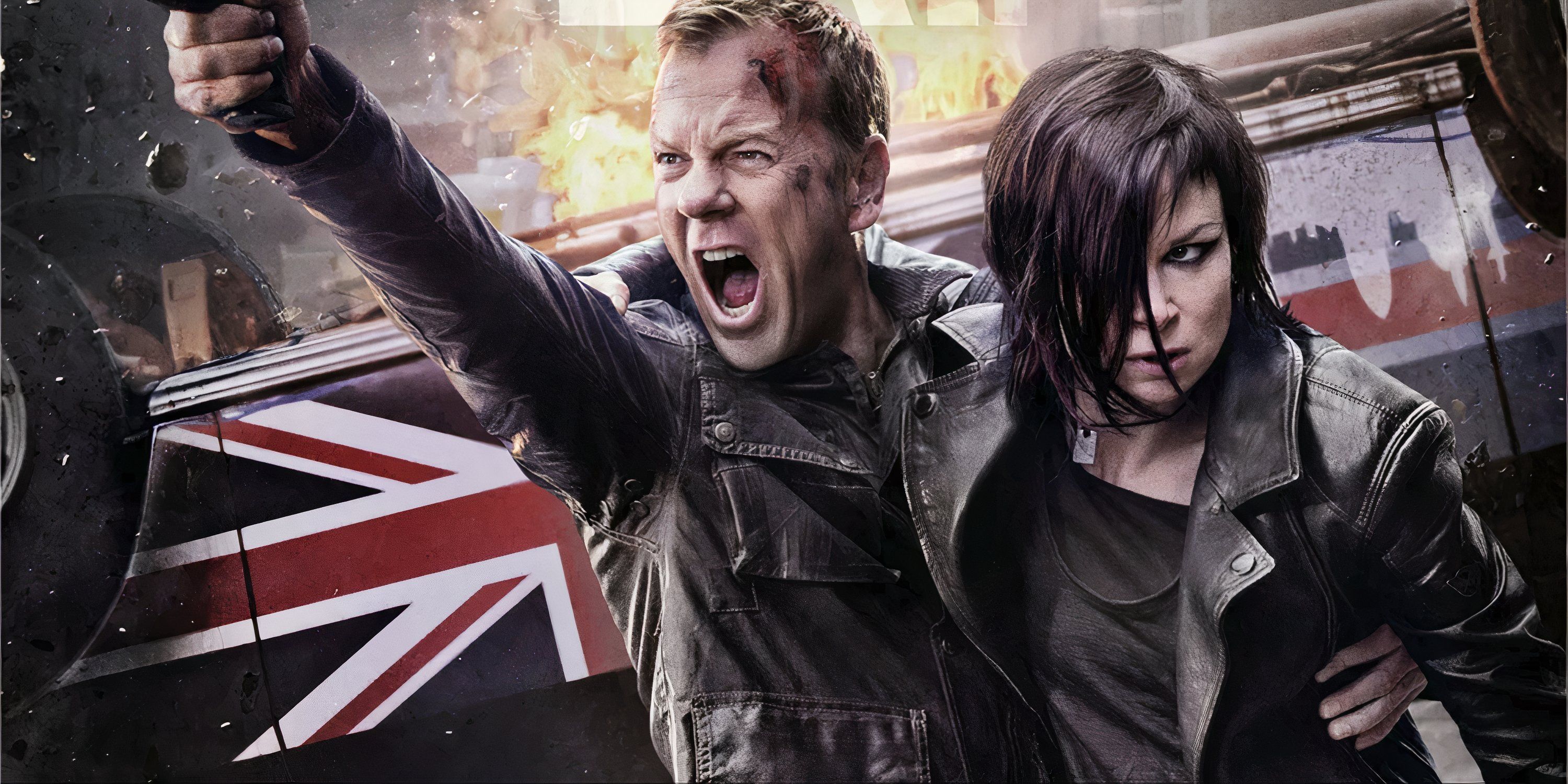 Keifer Sutherland and Mary Lynn Rajskub escaping an explosion in 24: Live Another Day