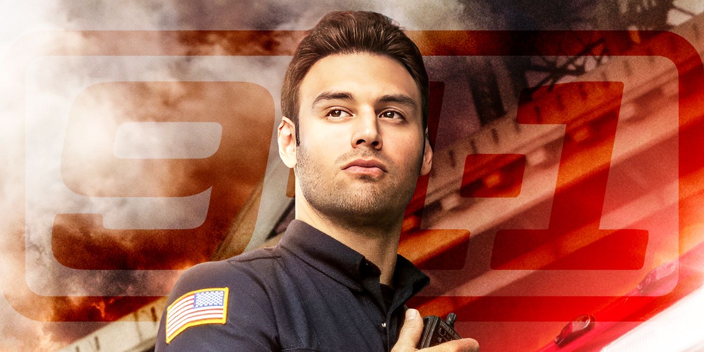 Ryan Guzman como Eddie se para frente a una imagen personalizada del logotipo del 9-1-1.