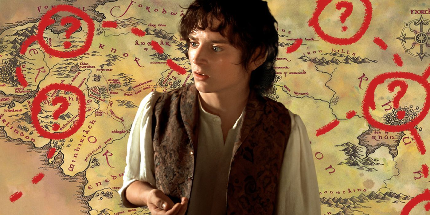Blended image showing Frodo Baggins and a map of Middle-earth with question marks on the background.