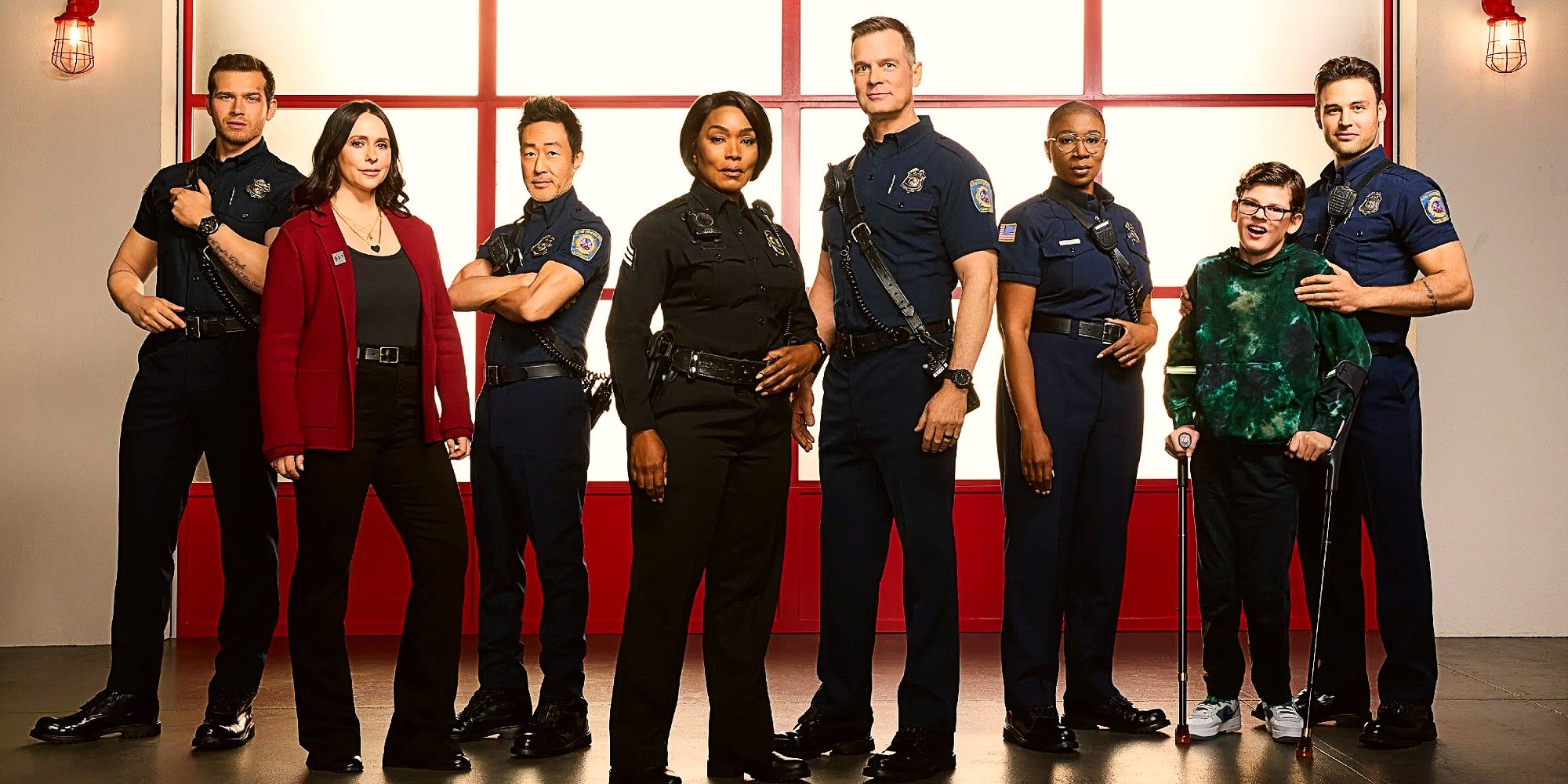 9-1-1 season 7 promotional poster containing: Buck, Maddie, Chimney, Athena, Bobby, Hen, Christopher, and Eddie, left to right