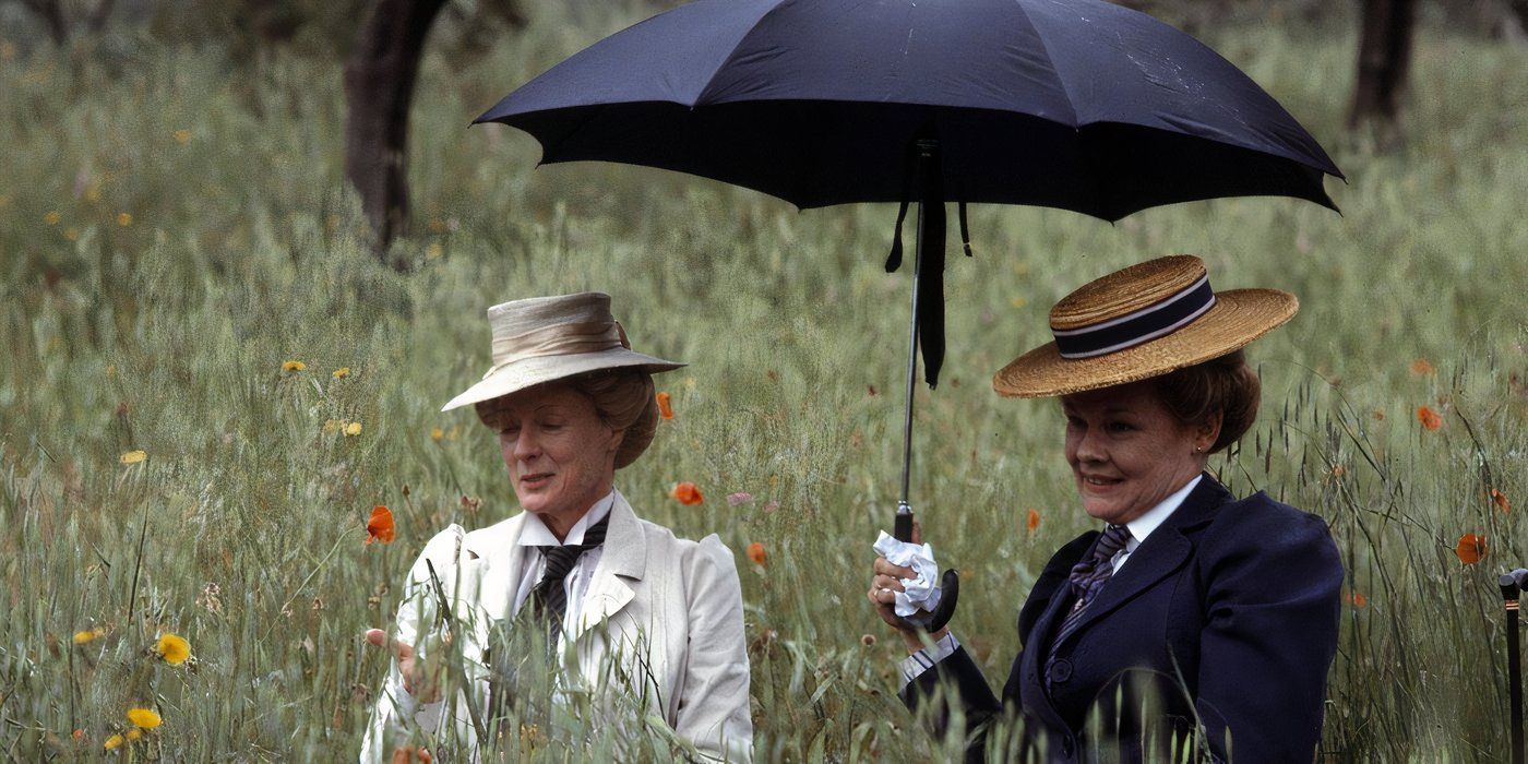 Charlotte and Elanor sitting in the tall grass under a parasol in A Room with a View