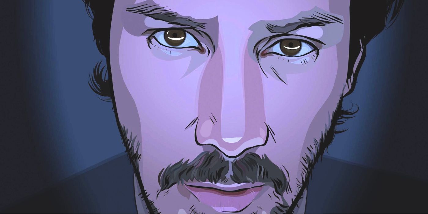 A close up of an animated Keanu Reeves in A Scanner Darkly