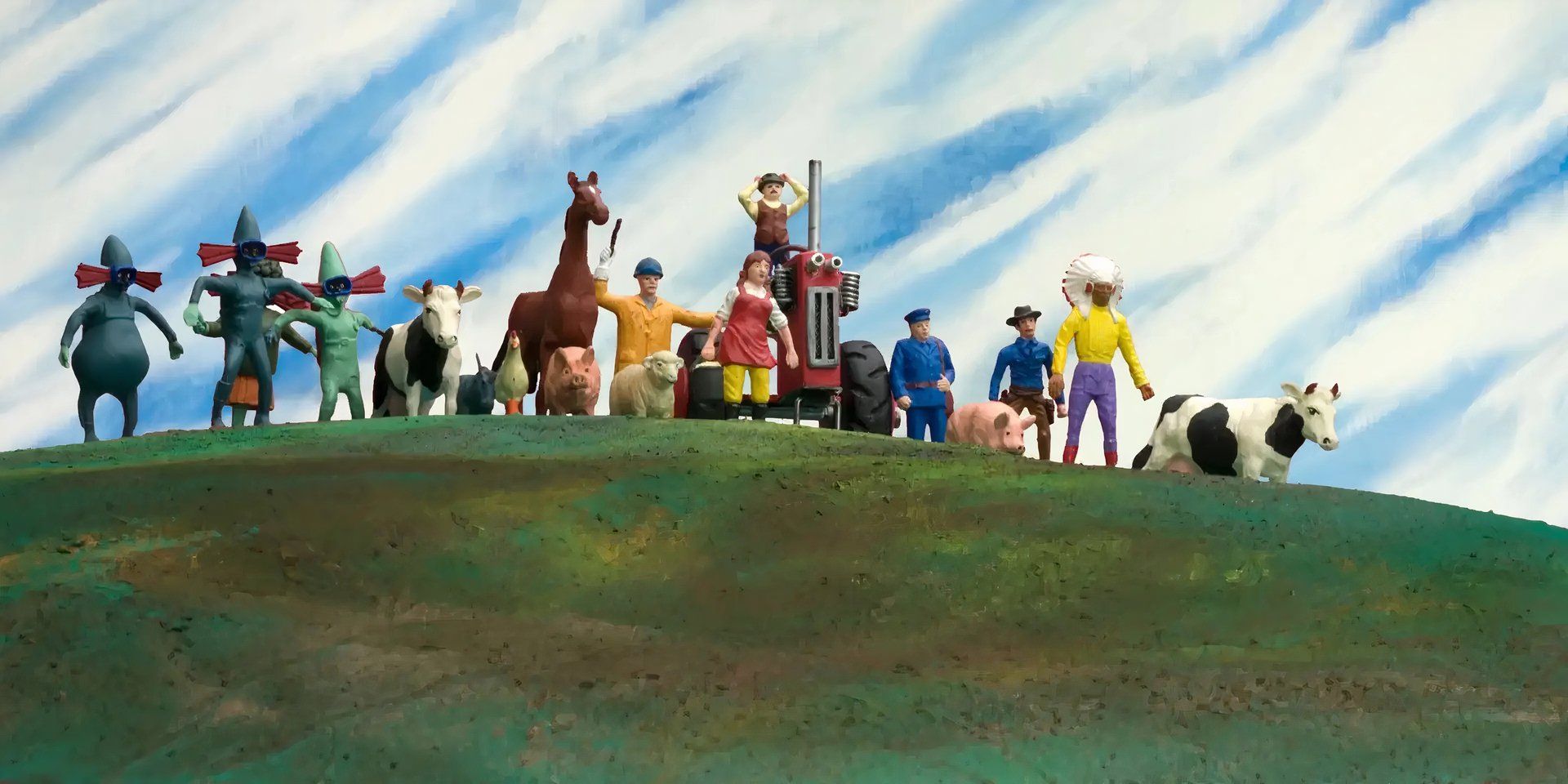 The cast of &lsquo;A Town Called Panic&rsquo; (2009) looking off into the horizon while on the top of a hill