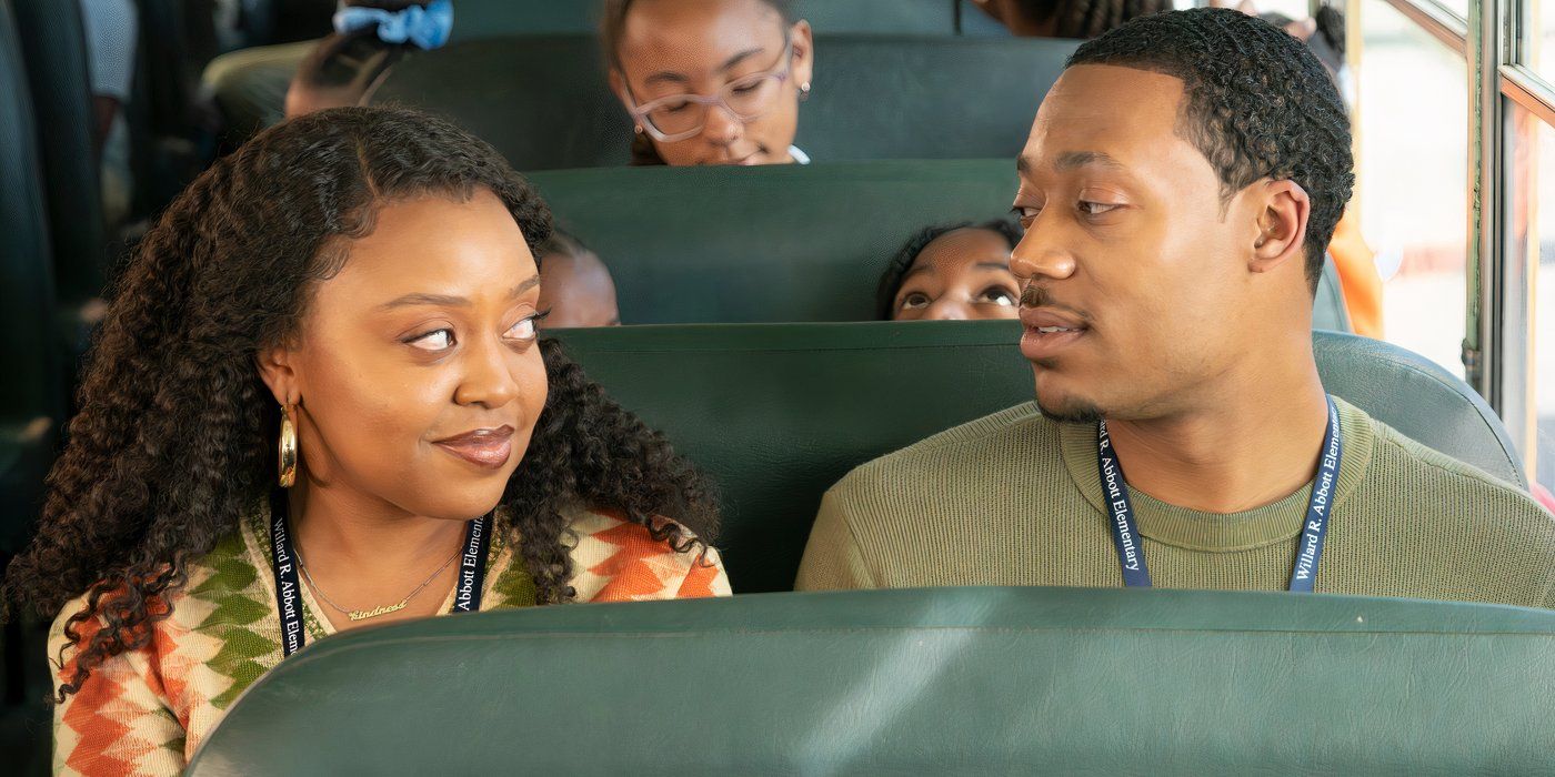 Quinta Brunson and Tyler James Williams sitting on a bus together in Abbott Elementary Season 3