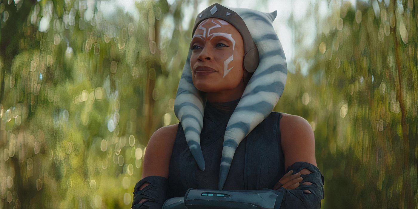Ahsoka standing with her arms crossed in a forest in Book of Boba Fett