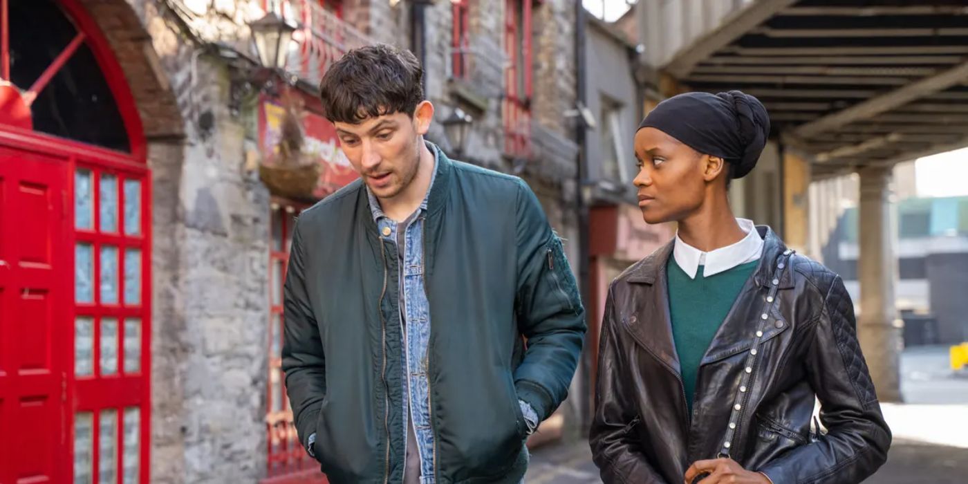 Aisha and Conor walking and talking in the film Aisha