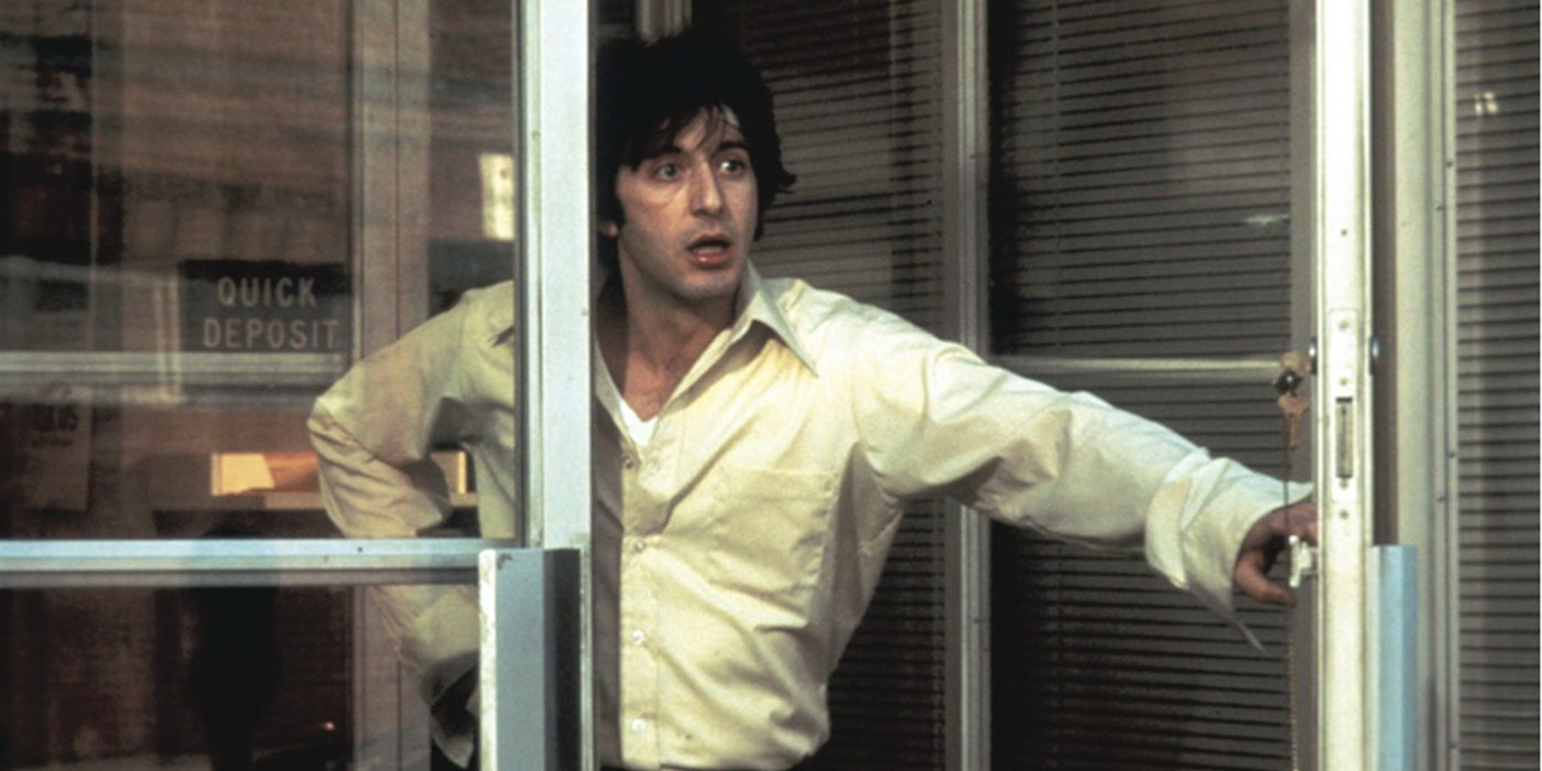 Al Pacino as Sonny opening the bank door in Dog Day Afternoon