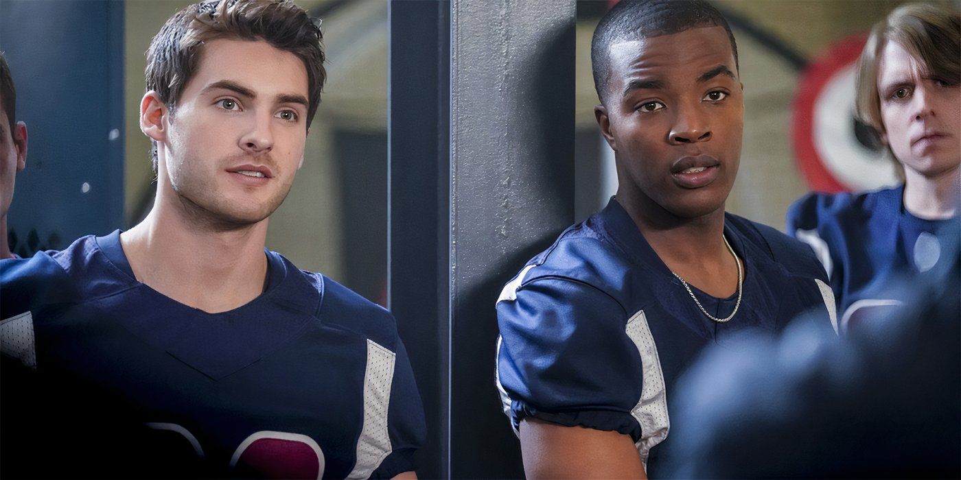 Daniel Ezra as Spencer James standing next to Cody Christian as Asher Adams in football uniform in a still of All American