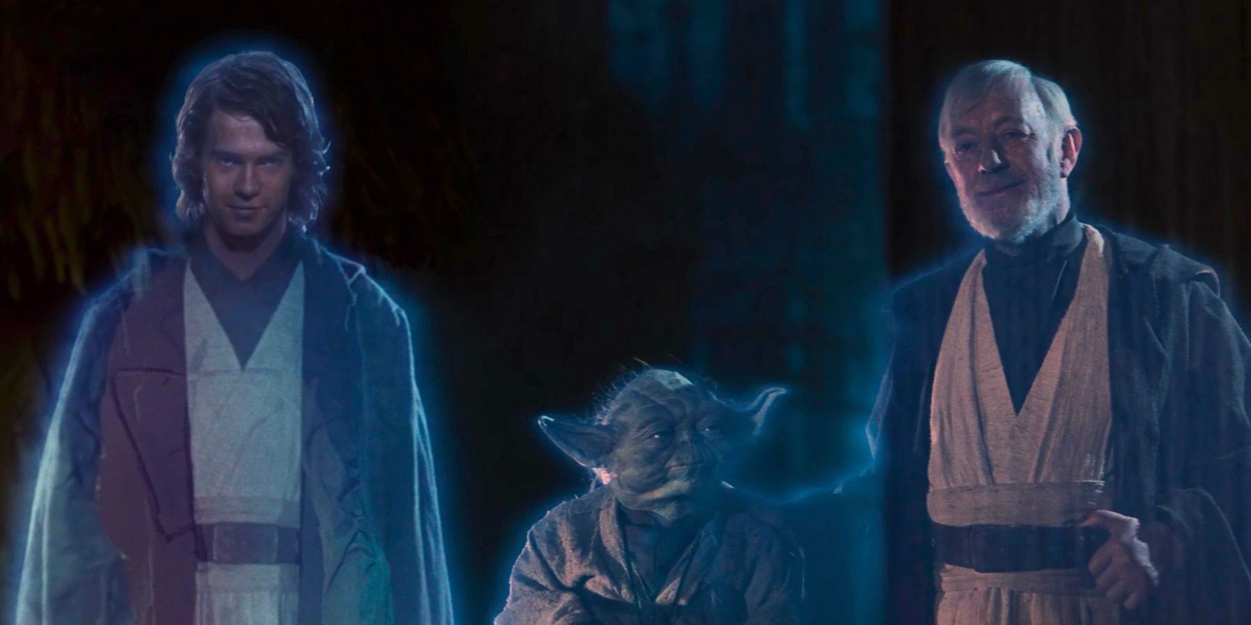 The Force Ghosts of Anakin Skywalker (Hayden Christiansen), Yoda (Frank Oz), and Obi-Wan Kenobi (Alec Guinness) stand together looking proud in Star Wars: Episode VI - Return of the Jedi.