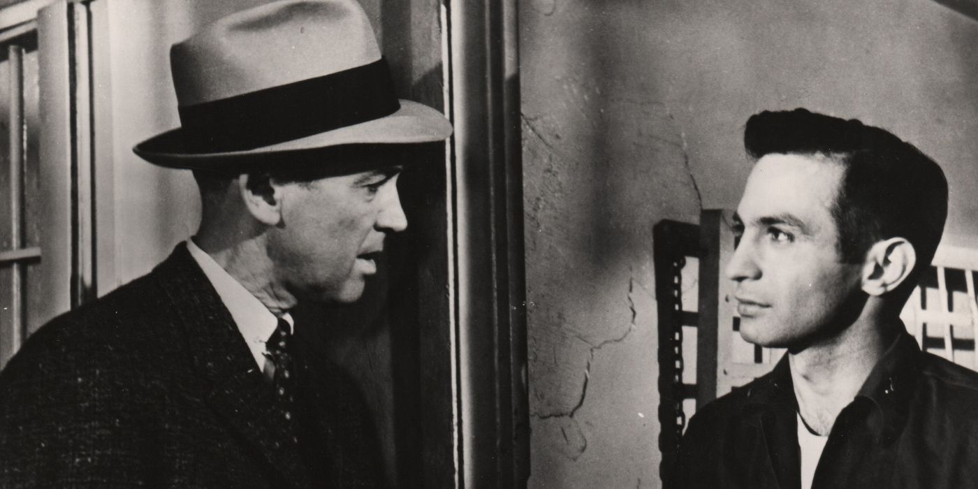 Jimmy Stewart as Paul Biegler talking to Ben Gazzara's Lt. Frederick Manion in Anatomy of a Murder