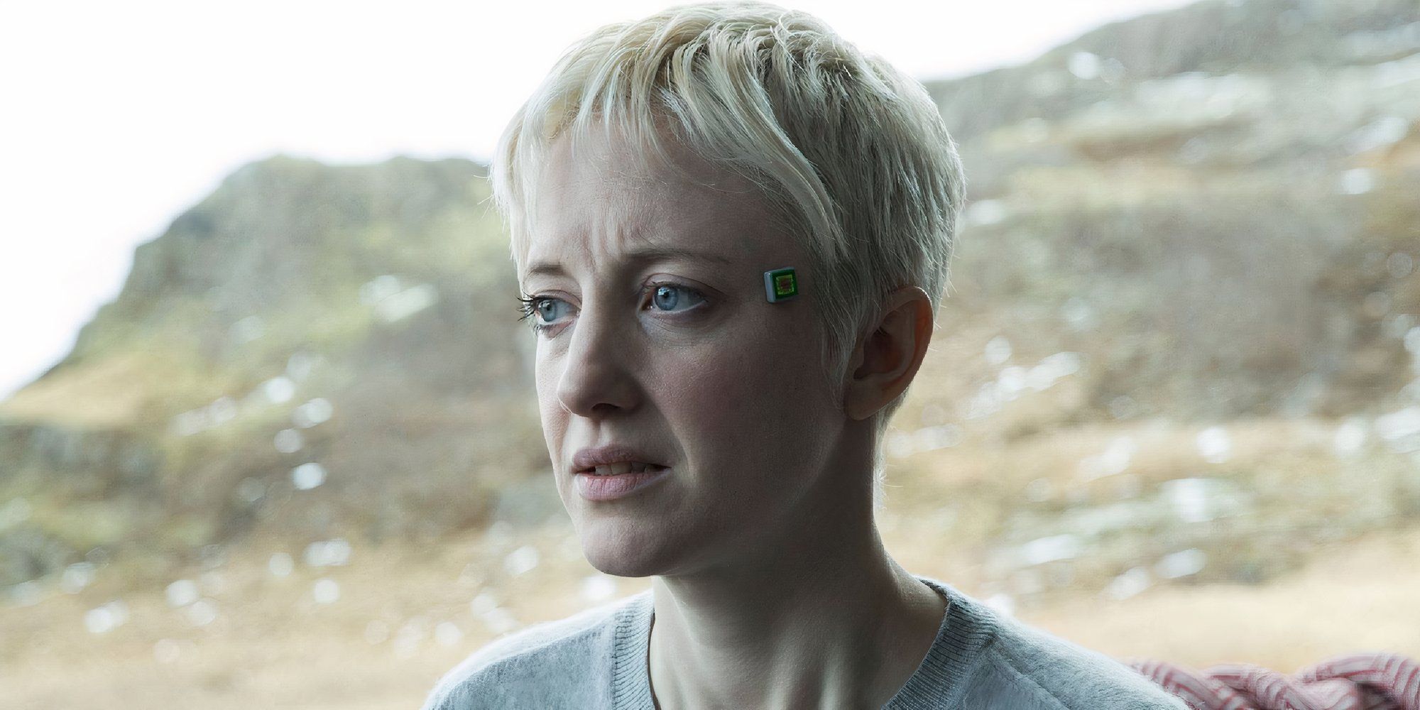 Andrea Riseborough as Mia Nolan looking serious in Crocodile.