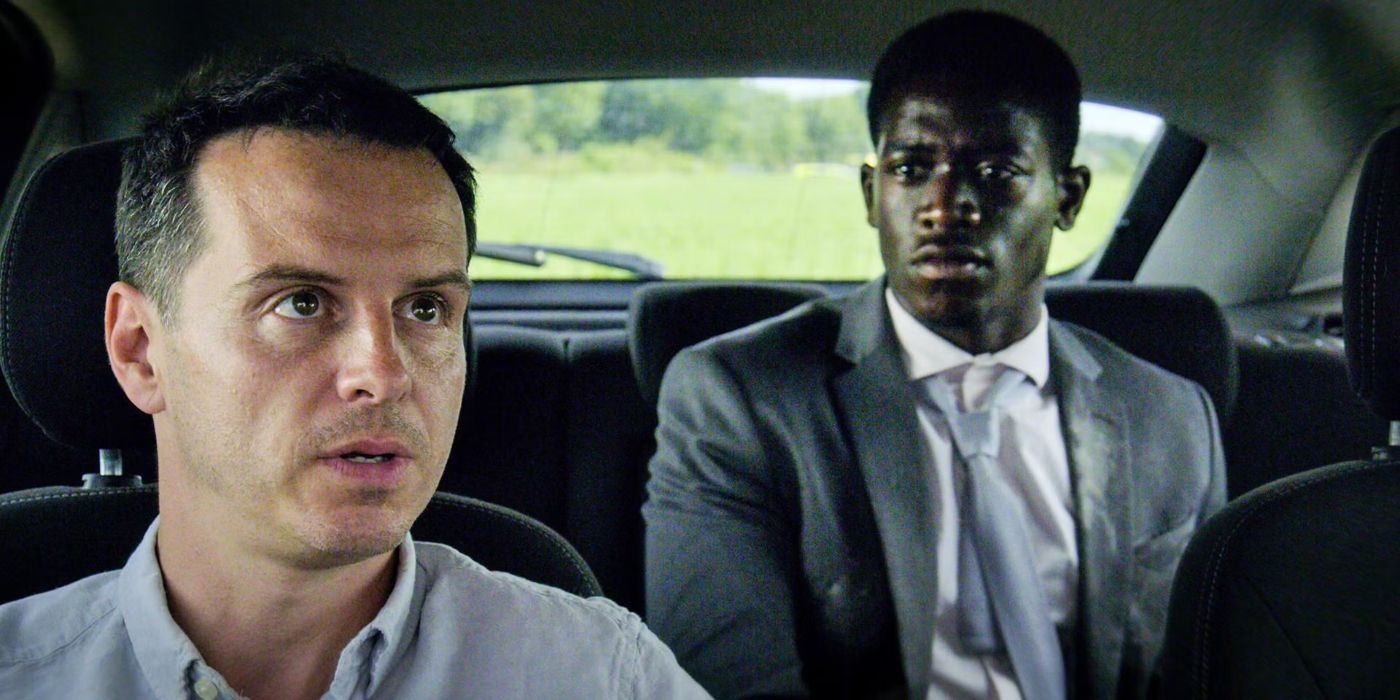 Andrew Scott and Damson Idris as Christopher and Jaden talking inside a car in Black Mirror's Smithereens.