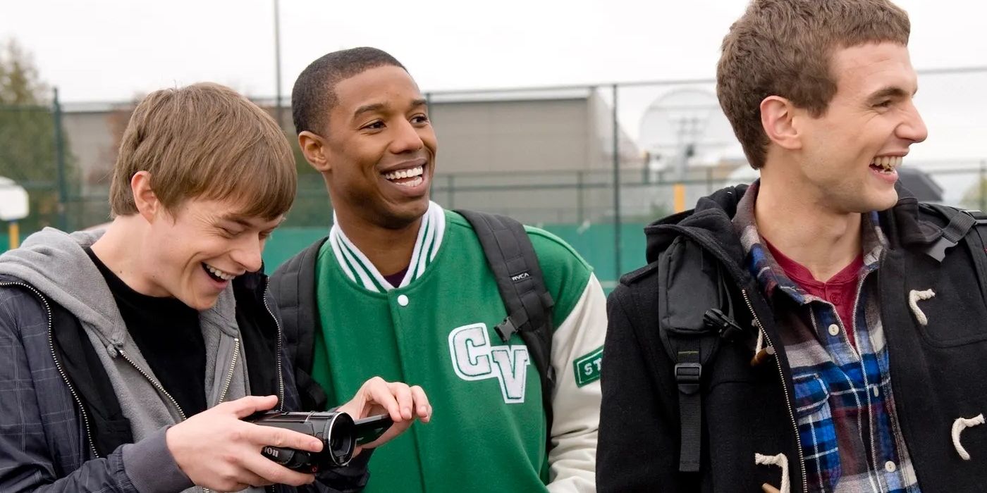 Andrew (Dane DeHaan), Steve (Michael B. Jordan), and Matt (Alex Russell) laugh while reviewing footage of their powers in 'Chronicle.'