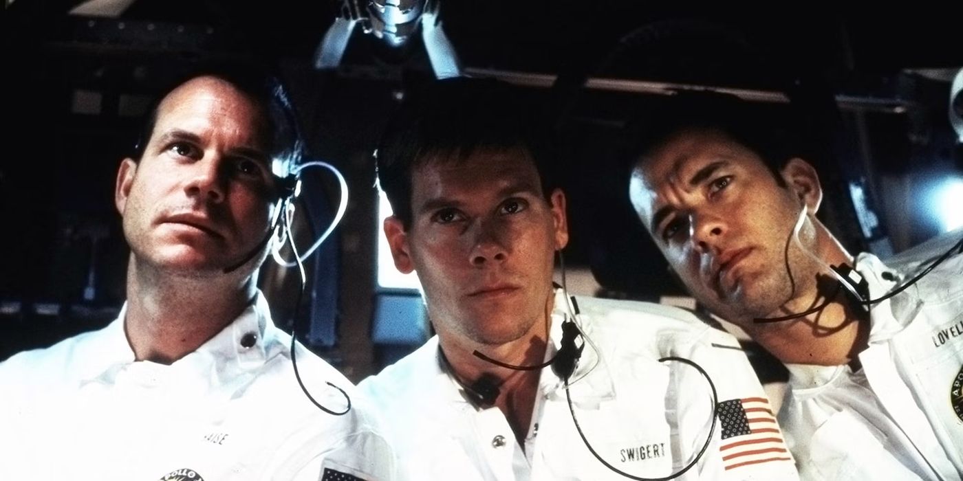 Three astronauts looking ahead with pensive expressions in Apollo 13 