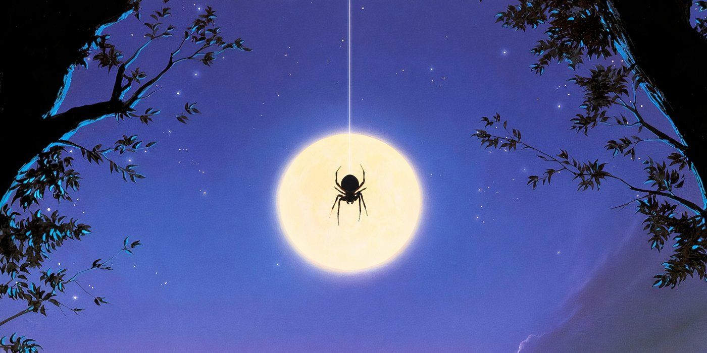 A spider hanging in front of the moon in a cropped Arachnophobia poster