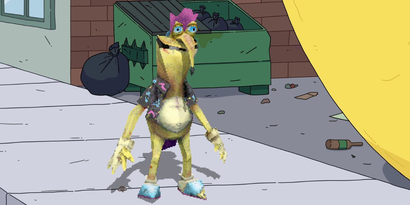 Gwimbly, standing in front of a dumpster in Smiling Friends Season 2.