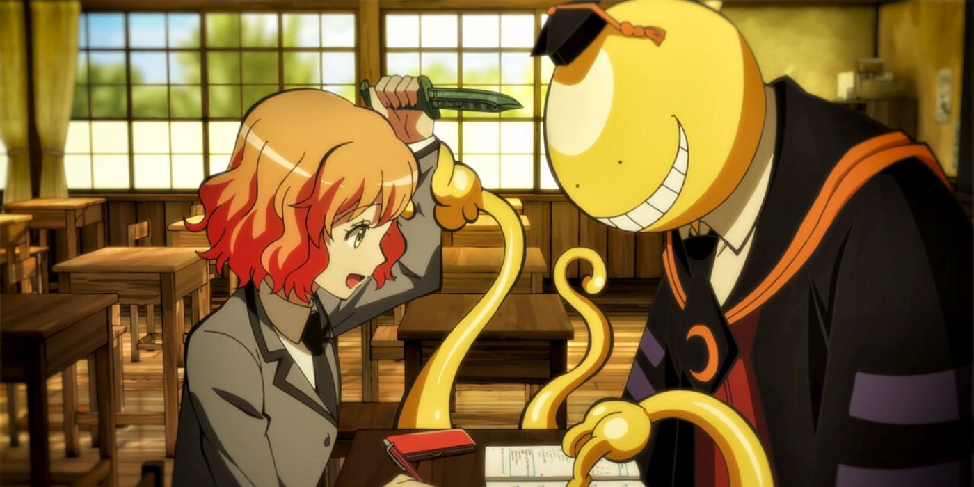 A student holds a dagger in front of a teacher in Assassination Classroom.