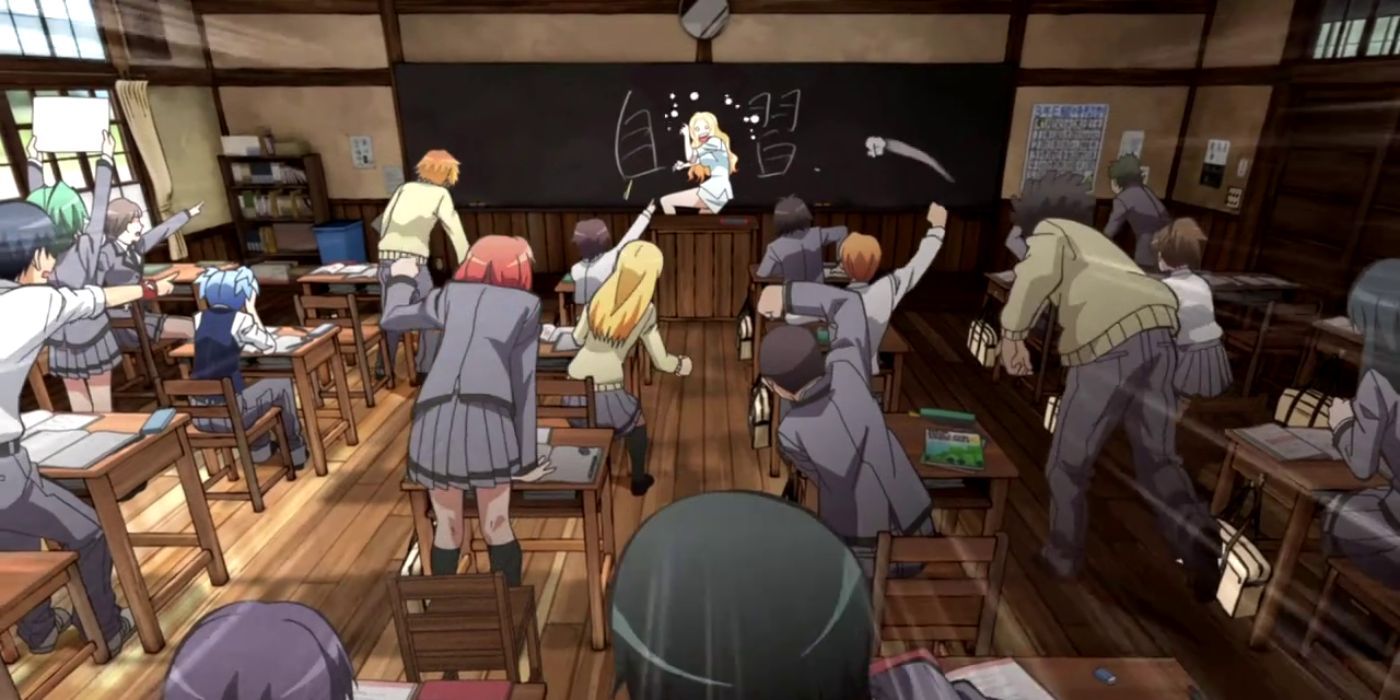 Students rush towards the front of a classroom in Assassination Classroom.